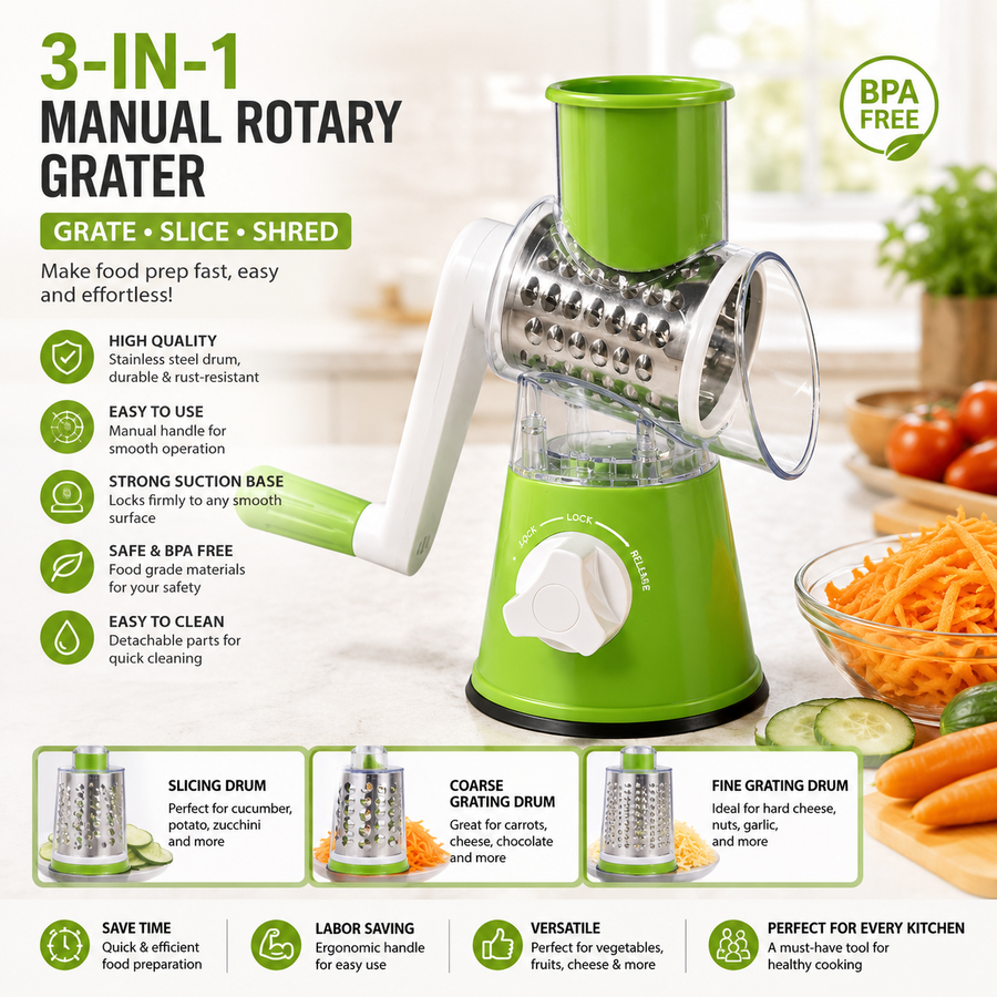 Manual Rotary Cheese Grater — Stainless Steel Hand Crank Grater for Kitchen